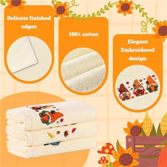 3 Pack Happy Fall Hand Towels Autumn‎ Gnomes Pumpkin Thanksgiving Embroidered - Picture 6 of 7